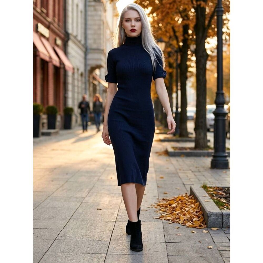☔️🔹️Vintage Victoria's Secret Moda Int'l Black Turtleneck Button Sleeve Dress S
